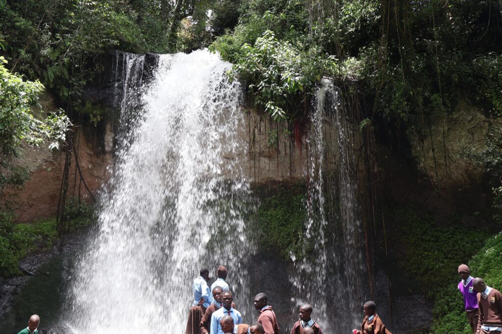 Waterfall with school class